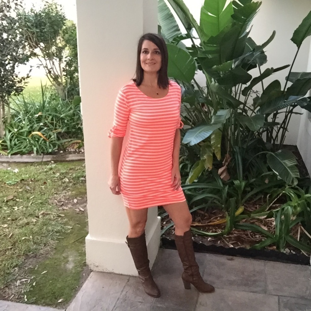 🛍Last 1 Striped 3/4 Sleeve Dress Neon Coral 2219
